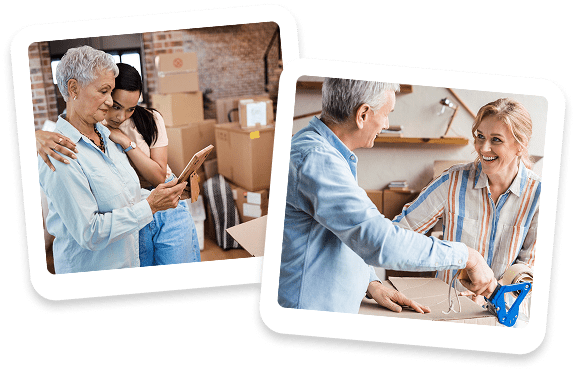 Two photos showing people packing boxes